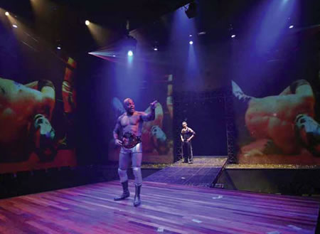 Shawn T. Andrew and Jose Joaquin Perez in a production of Kristoffer Diaz’s The Elaborate Entrance of Chad Deity by Woolly Mammoth Theatre Company in Washington, DC. Photo by Stan Barouh