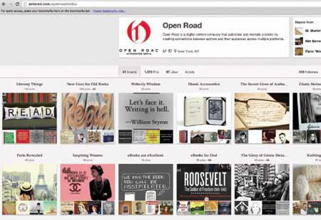Open Road’s Pinterest page interacts with readers on literary topics and the e-books they publish. Photo courtesy of Open Road