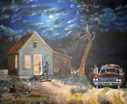Sharing Meat, 1999, is another painting by Carl Gawboy on display at the Min No Aya Win Human Services Center. 
