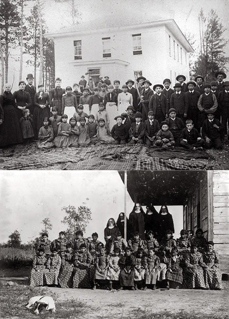 Two historical photographs of boarding schools brought in by members of the community to be displayed at the Min No Aya Win Human Services Center.