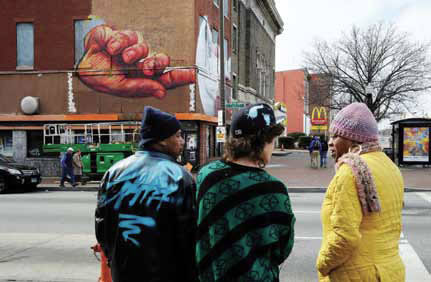 Building mural of a large fist