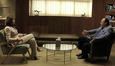 James Gandolfini as Tony Soprano (right) in a session with his psychiatrist Dr. Jennifer Melfi (played by Lorraine Bracco) in The Sopranos. Photo by Abbot Genser/HBO