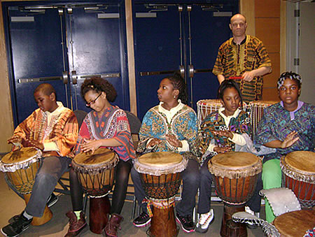 Waverly students participate in African drumming as part of an arts strand activity. Photo courtesy of Beverly Logan