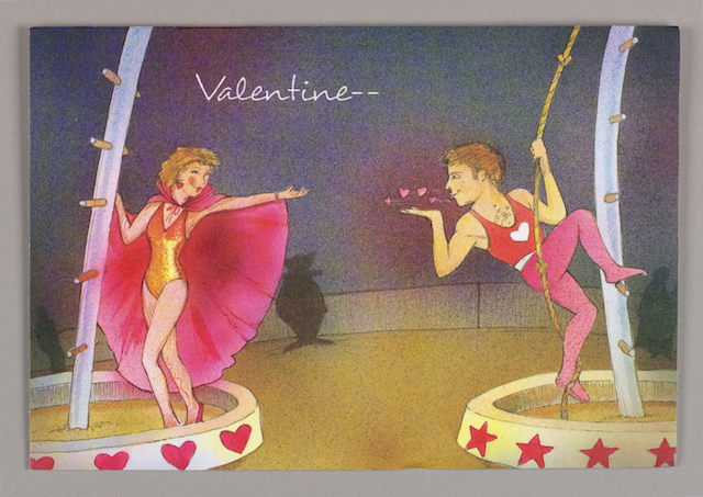 an illustration of a male and a female circus performers throwing kisses at each other under the big top