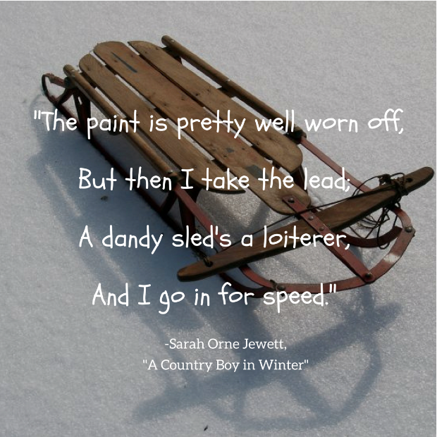 white text over a photo of a sled on snowy ground
