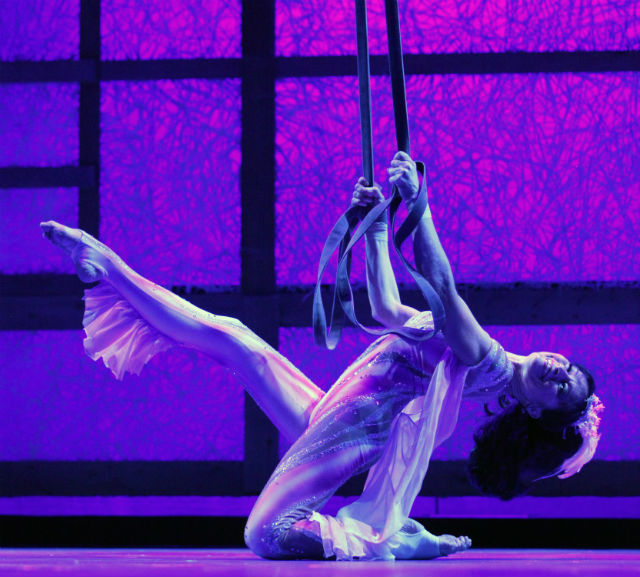 Woman performs a circus aerial trick