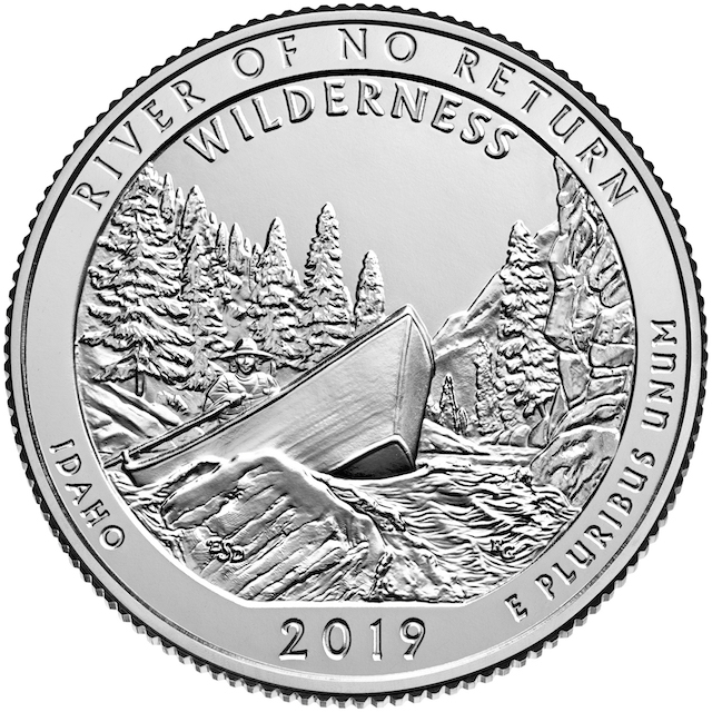 a U.S. quarter coin piece featuring the prow of a small boat on a somewhat story river with every green trees in the background