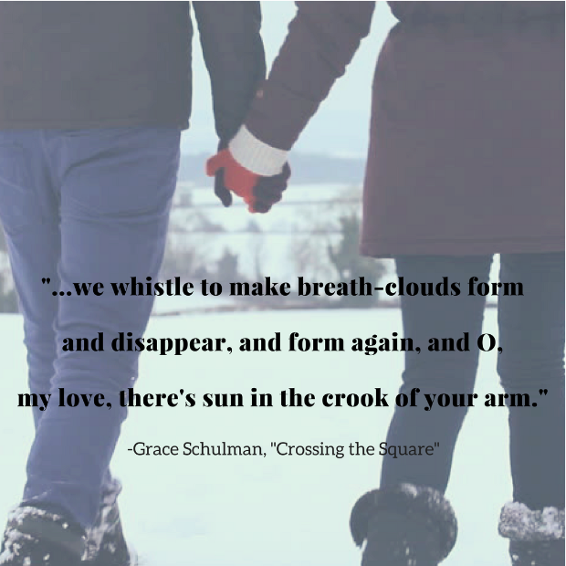 black text on a photograph of two people holding hands in a snowy landscape