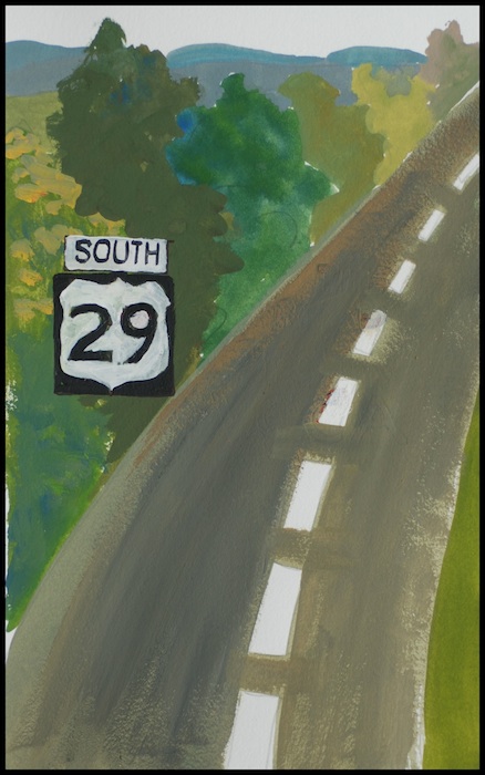 Watercolor of a  highway with trees along the shoulder and a highway sign that says Route 29
