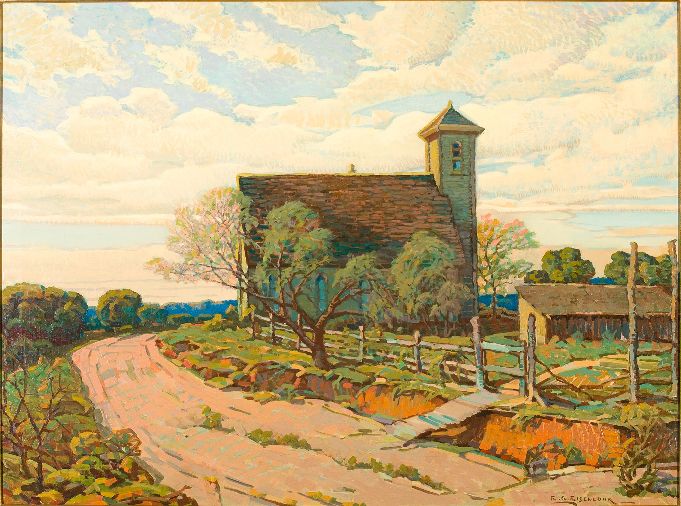 Painting of a church in a country landscape.