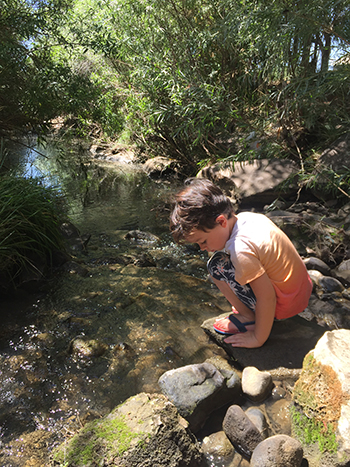 A young boy crouches by a riverside