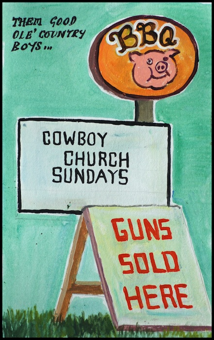Watercolor of three signs: BBQ with the head of a pig Cowboy Church Sundays and Guns Sold here