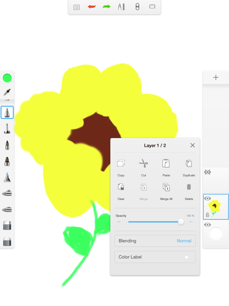The sketching feature on the app with a flower drawing and toolbox with tools.
