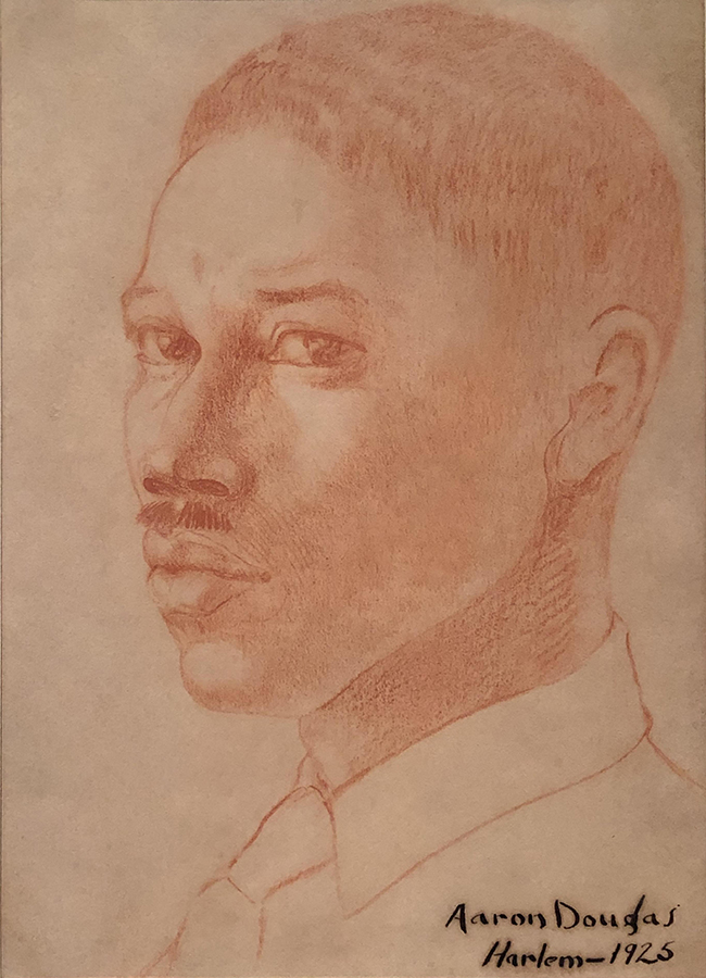 Red crayon portrait of a man's head and shoulders