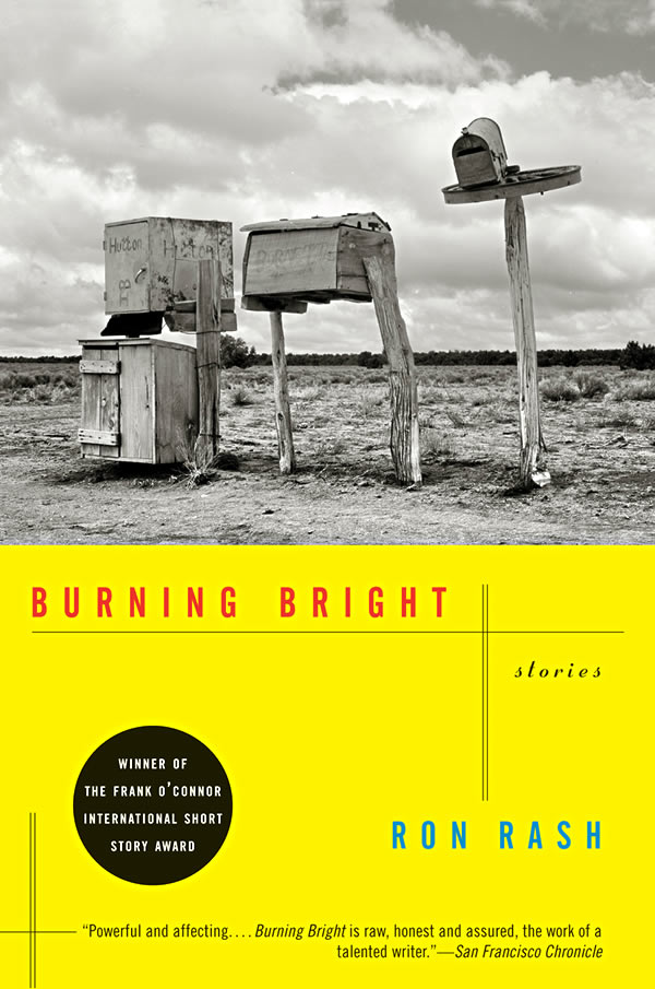 Upper half is a black and white photo of worn wooden and metal mailboxes in a parched landscape. The bottom half is a solid yellow background with the book title and author name