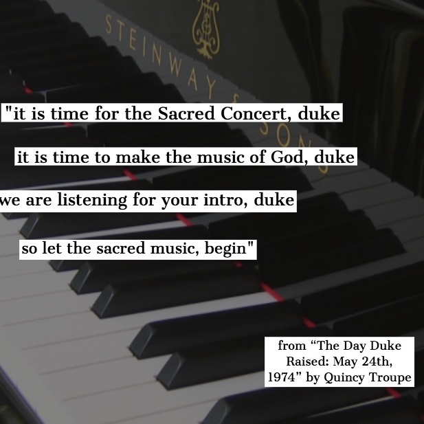 lines from poem about Duke Ellington over photo of keyboard of grand piano