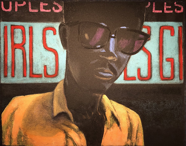 Painting of a man wearing sunglasses and yellow shirt in front of signs that say girls