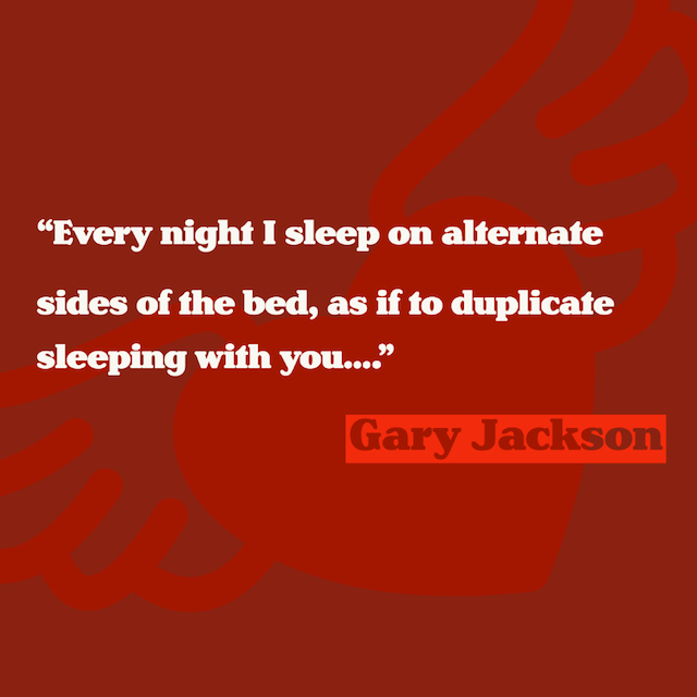 a winged red heart is tilted to the left against a slightly darker red background. The lines of the poem are written in white. The authors name is in a cutout outline in a neon red