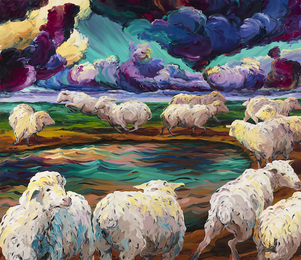 a colorful painting of sheep and clouds by Melissa Miller