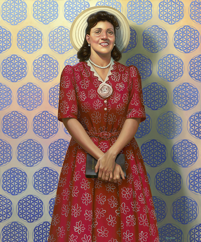 Portrait of an African American woman wearing a hat and red dress with flowers