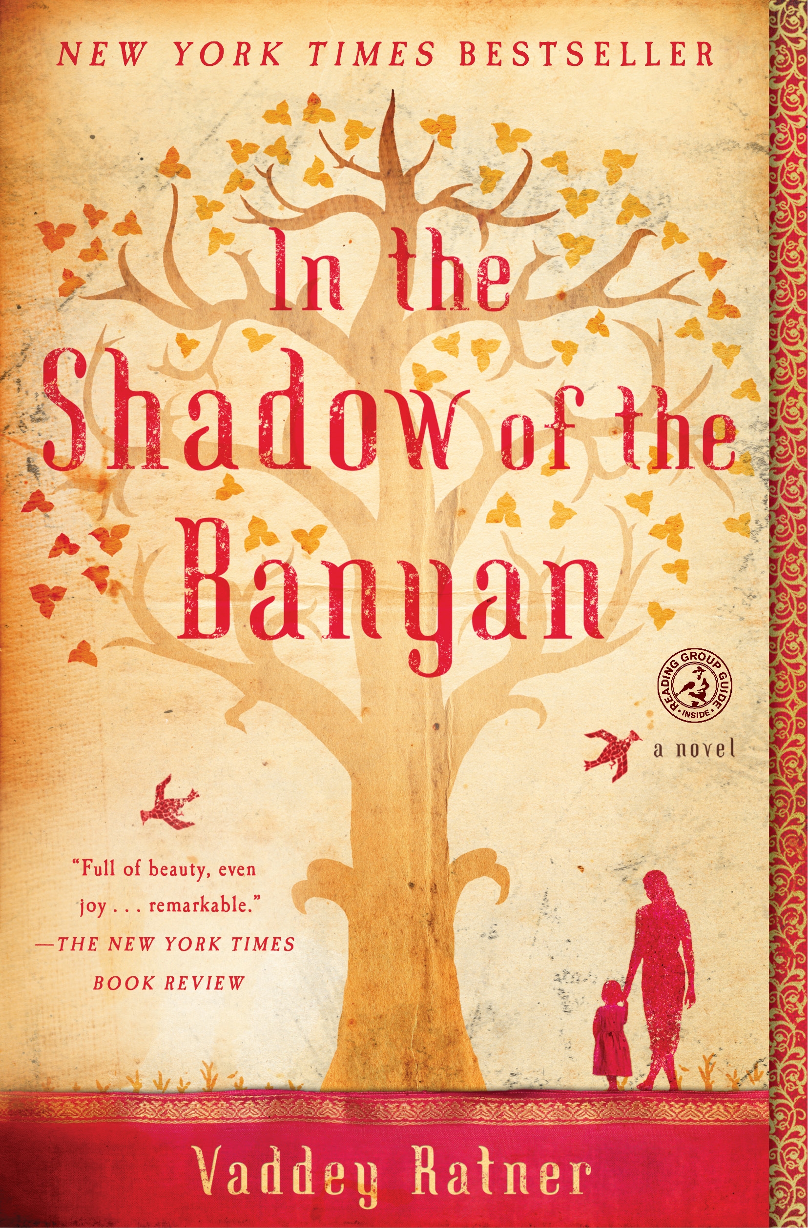 Book cover: author name and title in red serif type over a yellow background of an orange watercolor of a banyan tree 