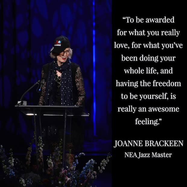 Diptych of Joanne Brackeen at Jazz Masters concert with her quote