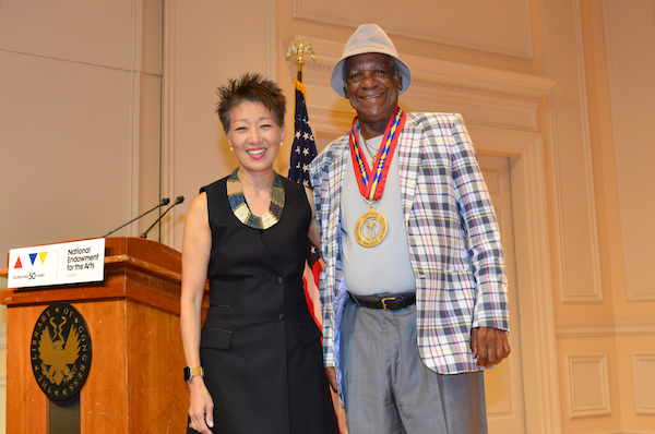 Jane Chu and Joseph Pierre Big Chief Monk Boudreaux after medal ceremony