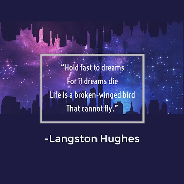 quote by Langston Hughes on white text over a mirror image of a city skyline