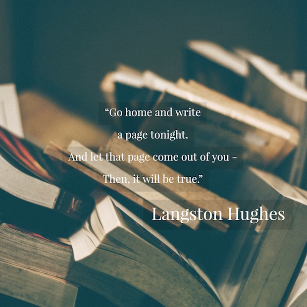 Langston Hughes quote about writing white text over photograph of books