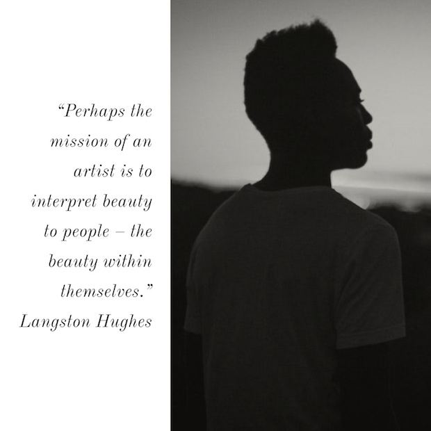 quote by Langston Hughes on mission of artist black text next to silhouetted photo of young black man