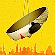 Illustration of a mask haging from a pair of gloved hands over a city landscape.