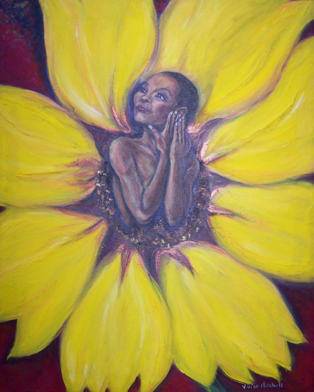 Woman blooming from yellow flower Woman blooming from yellow flower