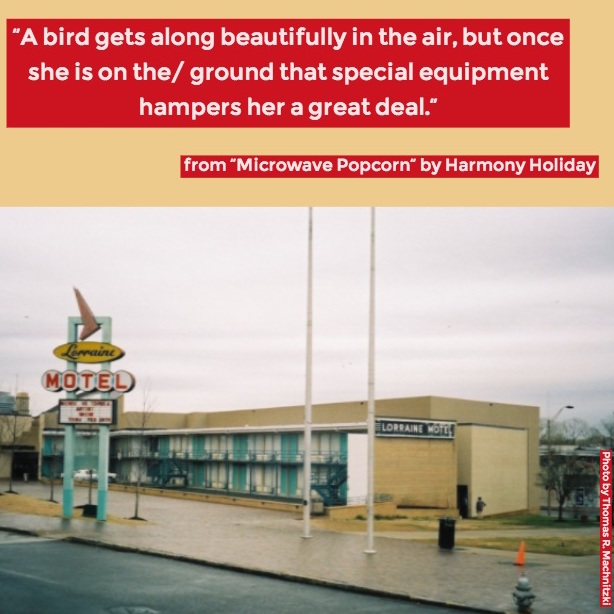 text from poem about Martin Luther King Jr. across photo of the Civil Rights Museum at Lorraine Motel