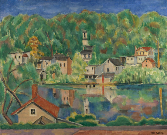 an Impressionist-like painting of a rural town backgrounded by trees and foregrounded by a small lake
