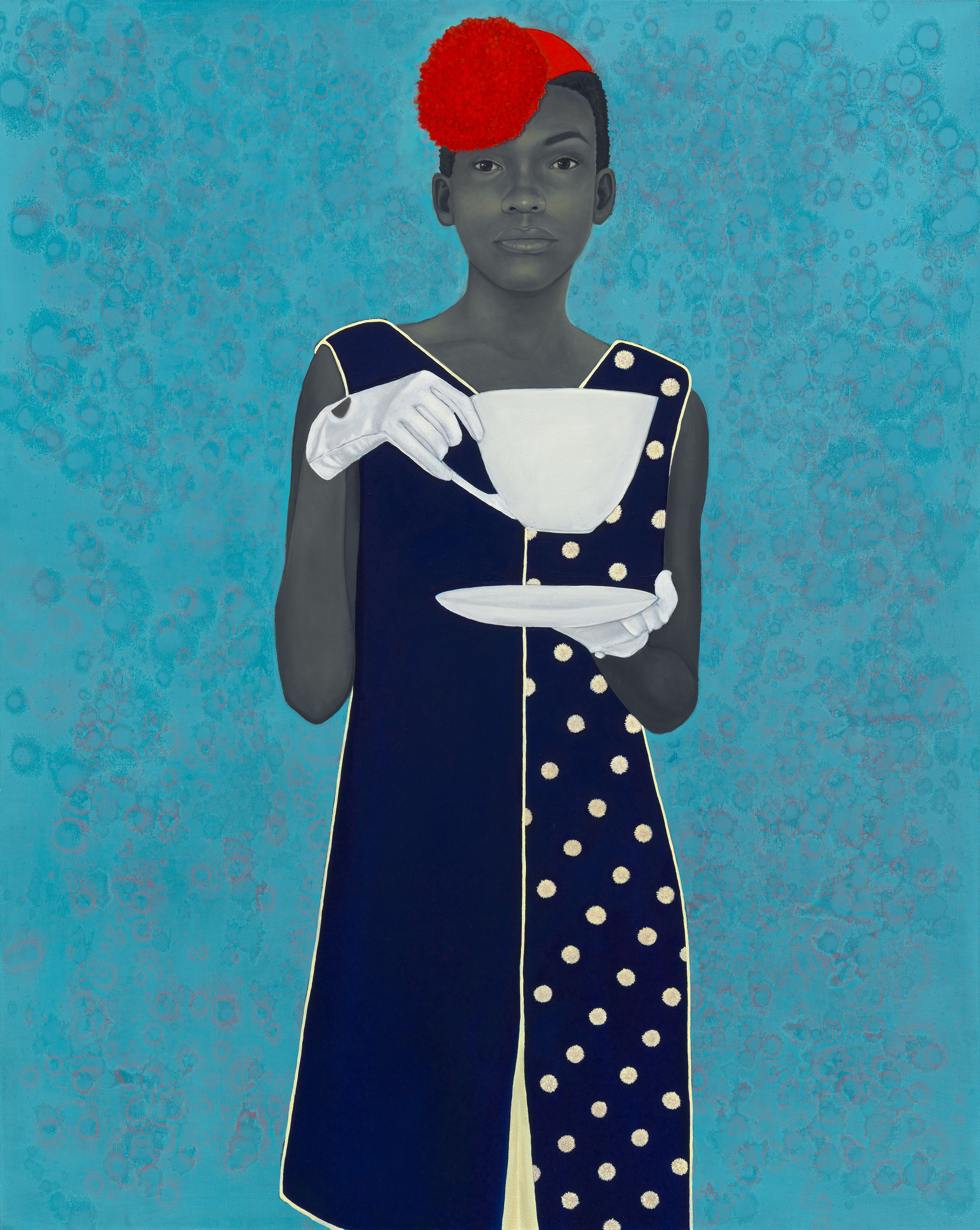 Painting of a young African American girl in a blue polka dot dress, wearing a red hat, and holding a white large teacup.  