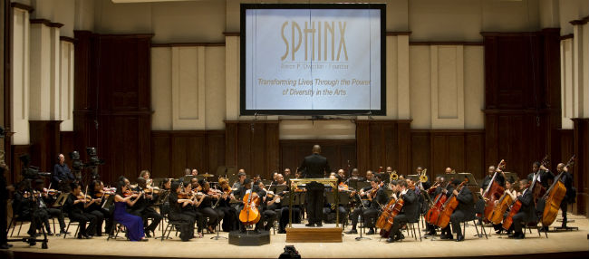 A symphony performing onstage