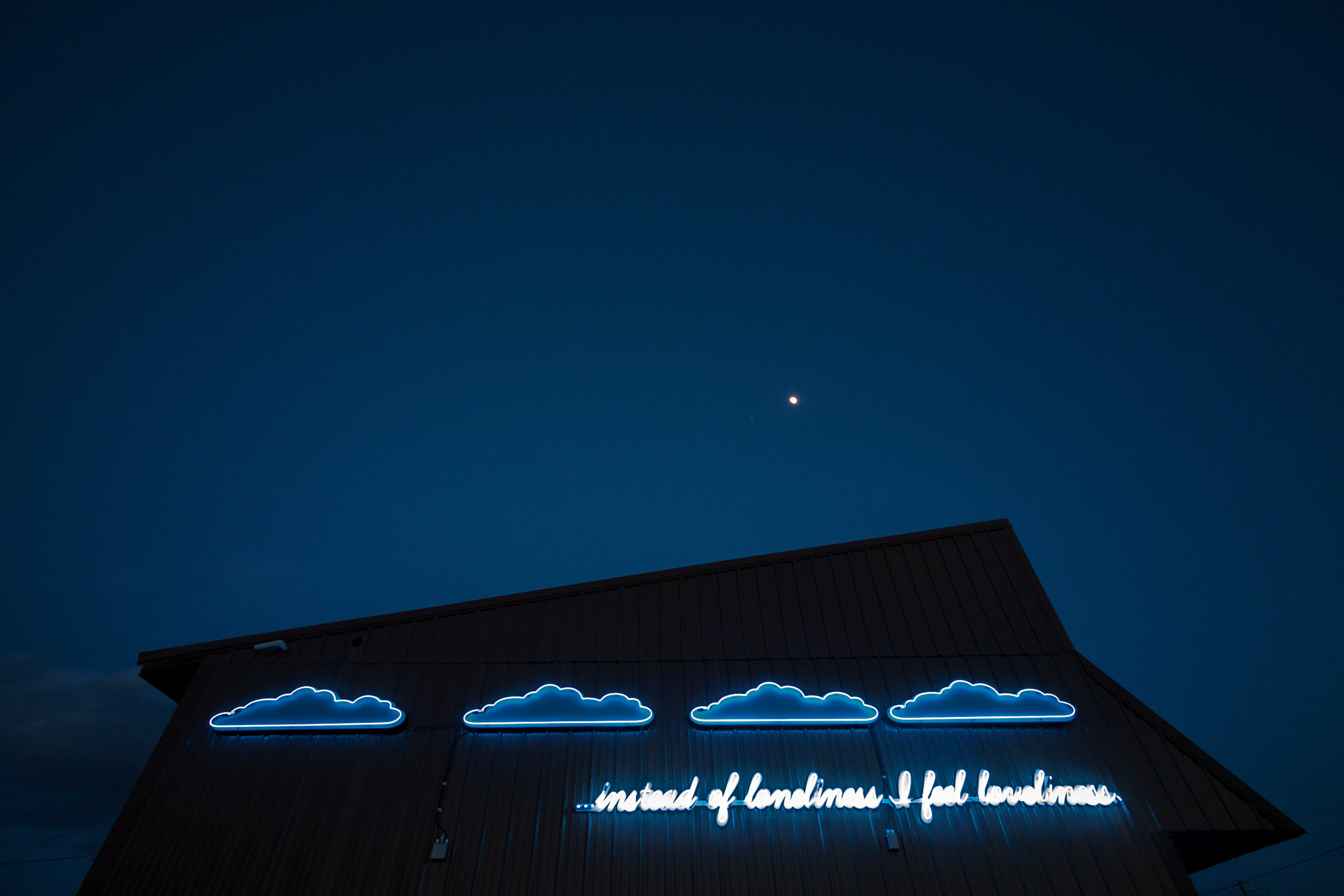 A neon sign on a building at night that reads ...instead of loneliness I fee loveliness