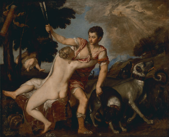 Oil painting of Venus and Adonis with dogs