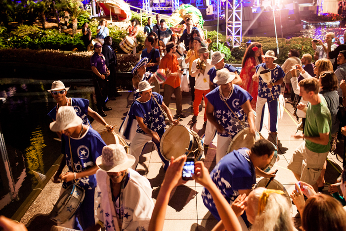 Band playing maracatu and dancing in the streets of LA. 