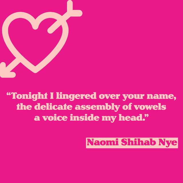 on a vivid pink square background are the following elements in a light peach a heart with an arrow through it in the upper left the lines from the poem in the middle and the poets name on the lower right
