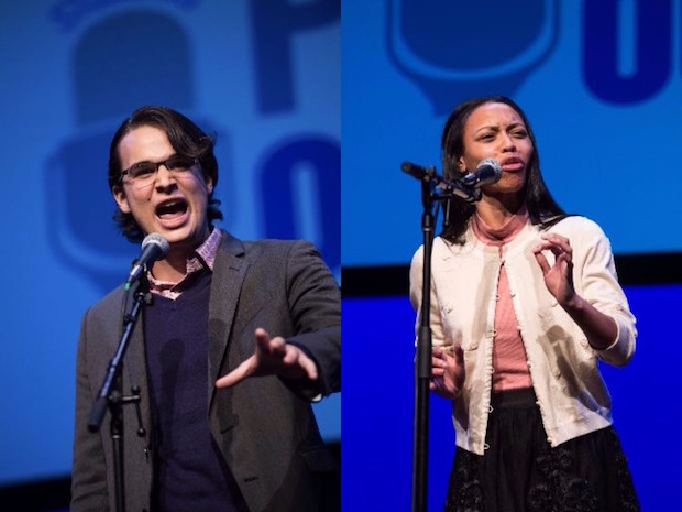 a diptych of Nicholas Amador and Iree Mann competing at Poetry Out Loud