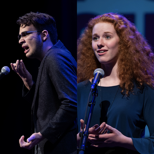  a diptych of a young man reciting and a young woman reciting at the Poetry Out Loud competition