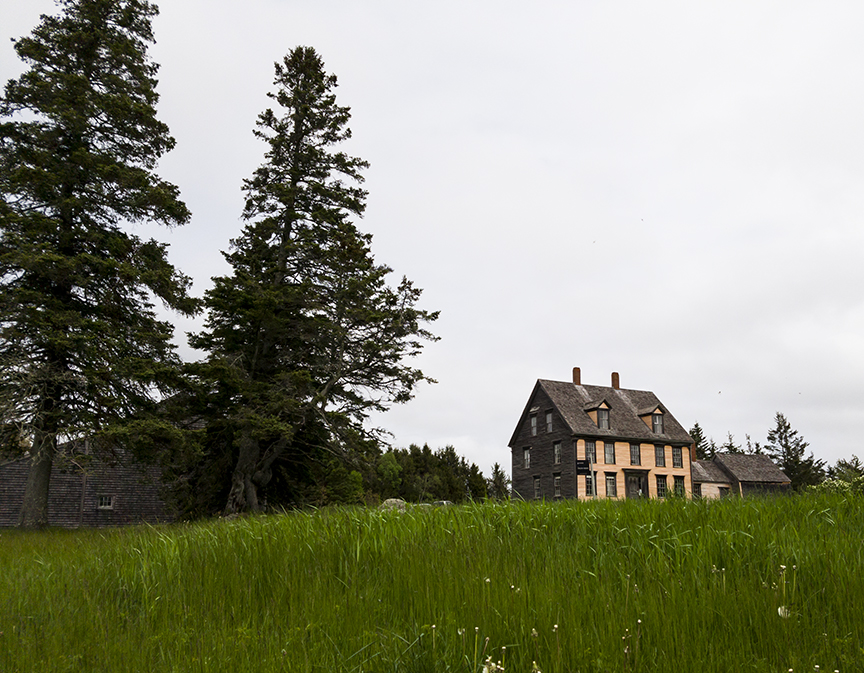 A wide-shot photo of a old wooden house on a hill surrounded by green trees and grass.