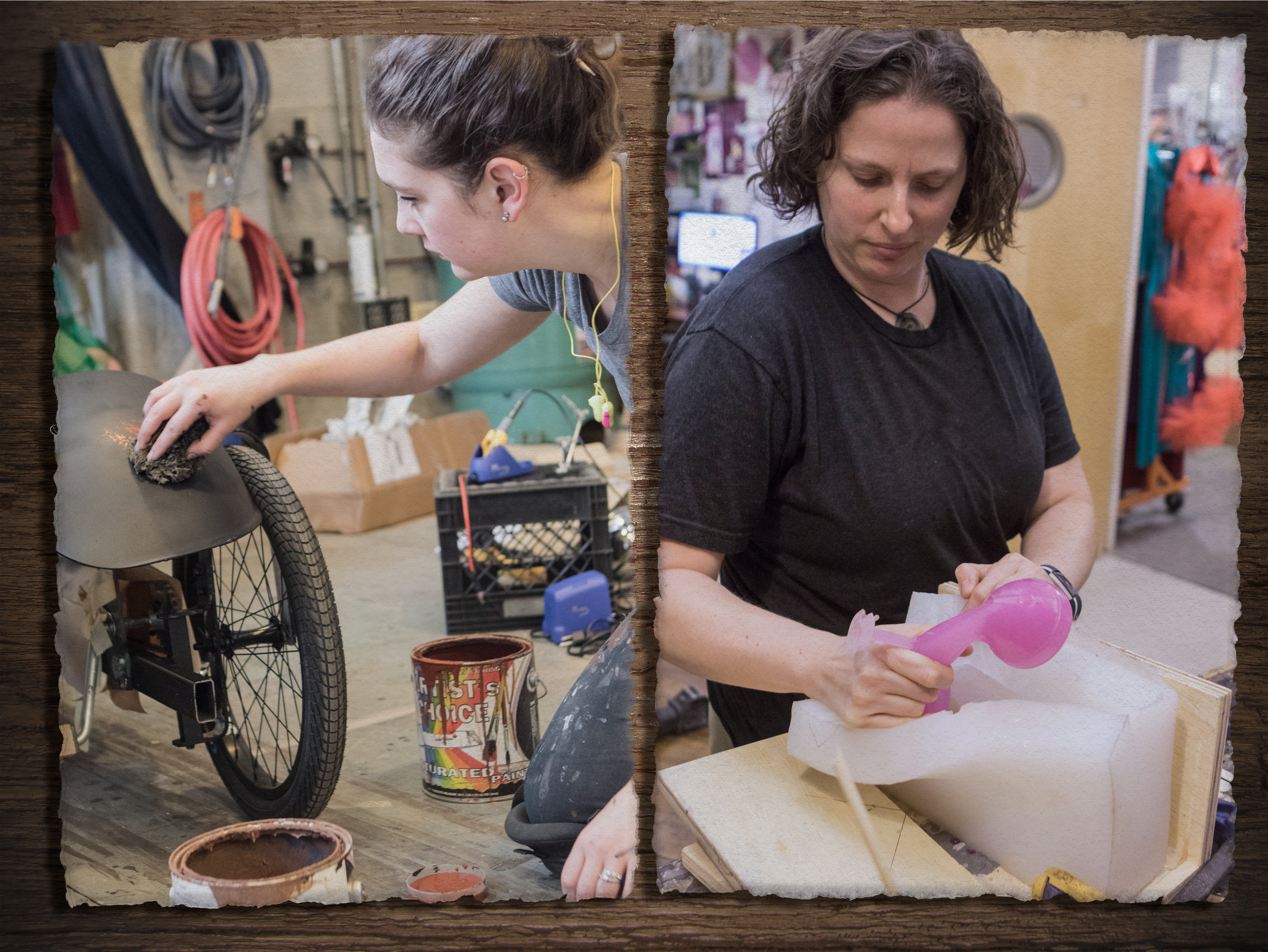 Two photos: one of a woman polishing a vehicle fender and another of a woman unwrapping a pink phone. 