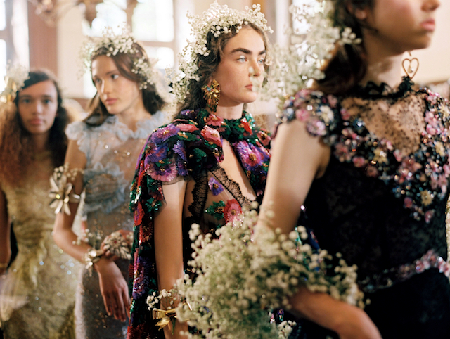 models wearing heavily embroidered Rodarte gowns
