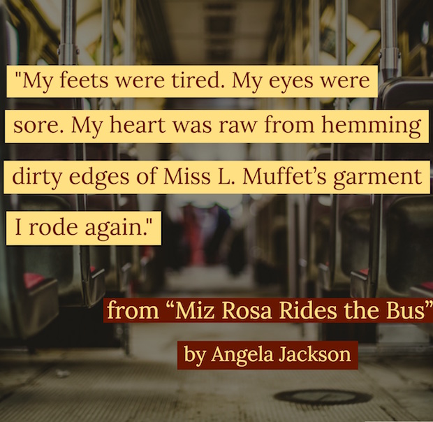 lines from the Rosa Parks poem across the background of the interior of a bus