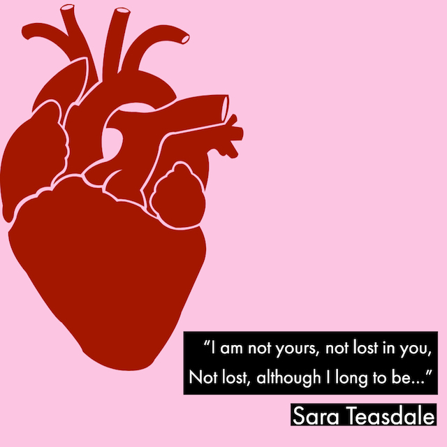 graphic of a biological heart in red on a pink background with text of quote and poets name in white on black backround