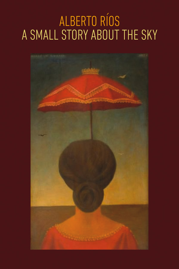 Book cover: Red border, the words Alberto Rios, A Small Story About the Sky at the top above a large drawing of a woman from behind, hair in a bun, holding a parasol
