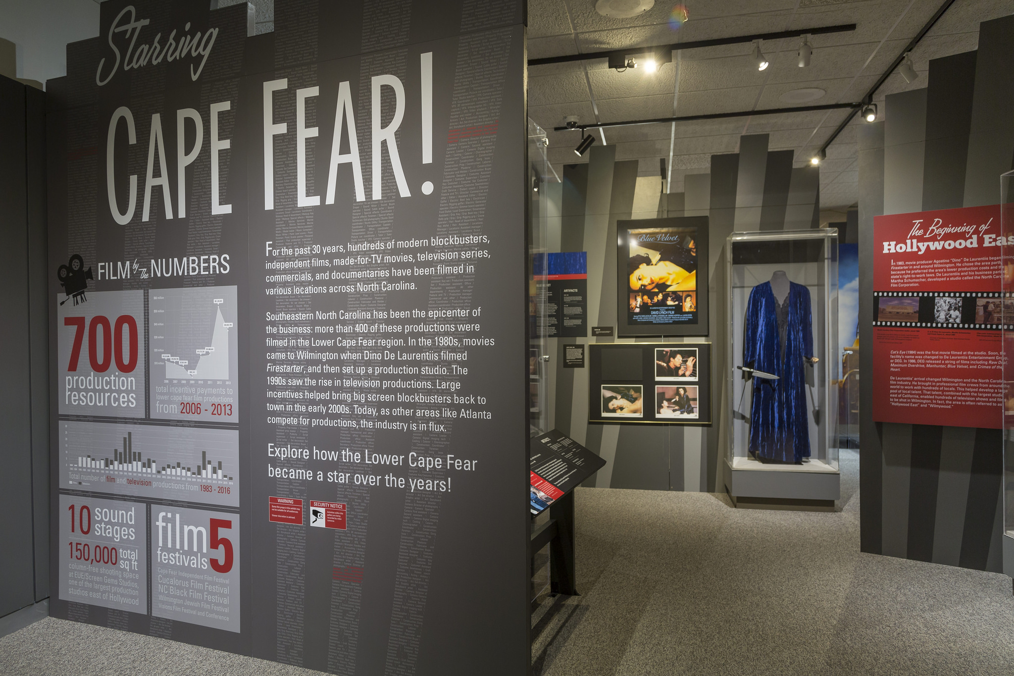 A wide shot photo of the exhibit, which includes historical text and artifacts. 