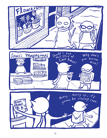 a blue and white three panel comic featuring a cat and a man walking by a magazine stand and talking about buying a giant robot comic
